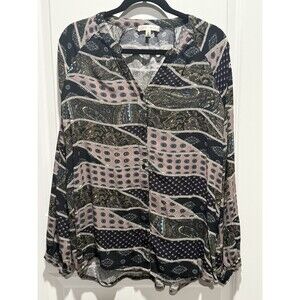 Daily Thread Geometric Long‎ Sleeve Blouse 1X Women’s Top Shirt Pink Blue